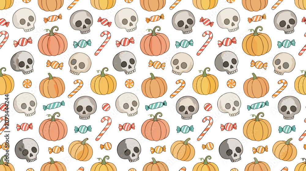 Fototapeta premium Halloween pattern with pumpkins skulls candies and bats on a festive background
