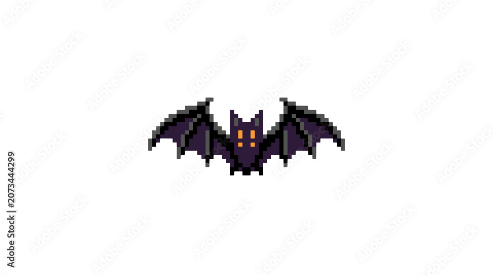 Obraz premium Pixel art bat with outstretched wings and glowing eyes in a dark night scene