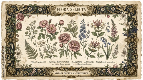 Ornate vintage botanical composition titled Flora Selecta featuring detailed hand-colored roses, peony, larkspur and honeysuckle within an elaborate decorative border and evoking antique charm.