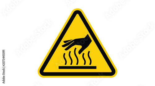 Bright yellow triangle warning sign featuring a black hand icon representing a hot surface hazard