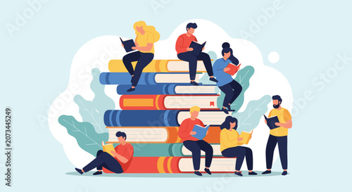 Group of diverse people sitting and standing on giant stack of books reading for education learning and library knowledge concept art.