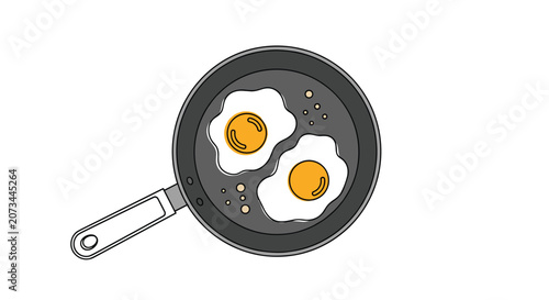 Two fresh fried eggs cooking in a dark frying pan with salt and pepper granules isolated on a clean white background for breakfast.