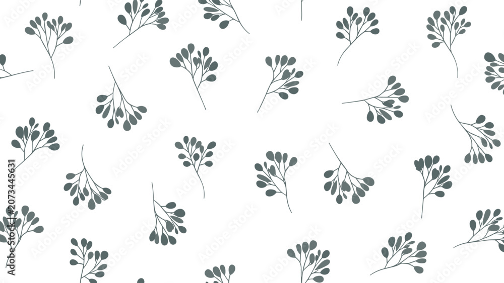 Fototapeta premium Simple seamless pattern with dark green berry sprigs and leaves scattered on white background.