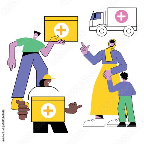 Community Medical Aid Distribution Healthcare Support Vector Illustration