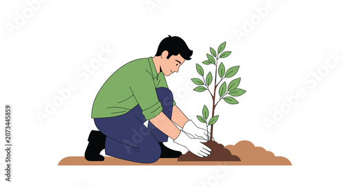 Young man kneeling on the ground and carefully planting a small sapling tree into the soil for environmental growth and reforestation.