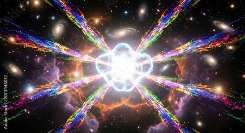 Explosive radiant star bursting with rainbow energy beams in vast universe with nebulae
