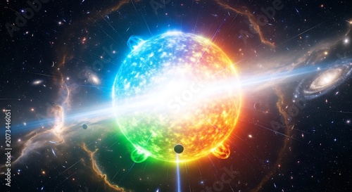 Explosive Radiant Star with Rainbow Nebula and Swirling Cosmic Energy in Deep Space Galaxy Illustration