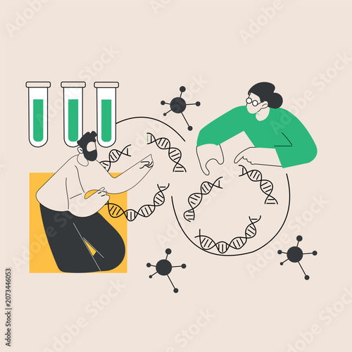 Genetic research scientists collaborating with DNA laboratory vector illustration concept