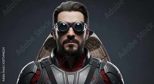 Portrait of a determined male aviator with a beard, wearing vintage-inspired goggles and a futuristic armored suit with prominent wings, ready for aerial adventure