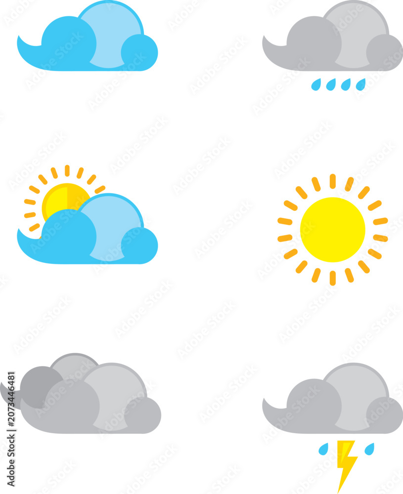Fototapeta premium Weather Icons Set with Flat Flat Design Sunny Cloudy Rain Thunderstorm and Grey Sky Climate Symbols Vector Illustration