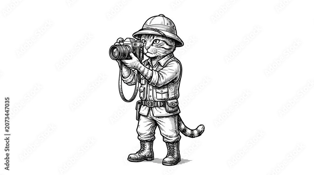 Fototapeta premium A cute cat dressed as an explorer taking a photograph