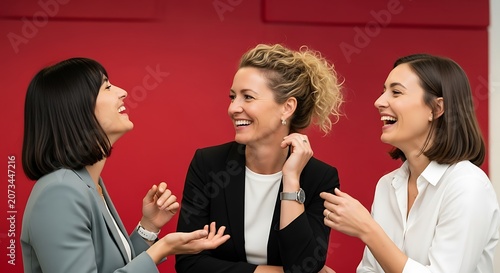 Cheerful businesswomen laughing and talking together against a warm, fiery red background