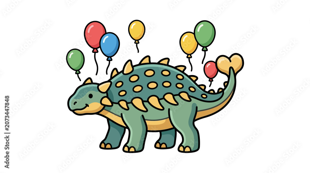 Obraz premium A cute cartoon dinosaur celebrates with many colorful floating balloons
