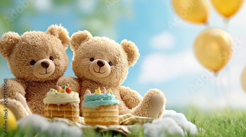 Two cute teddy bears having a birthday picnic with cakes in sunny garden