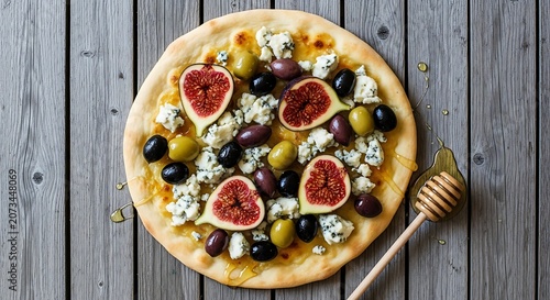 Gourmet Flatbread Pizza Topped with Fresh Sliced Figs, Olives and Blue Cheese on Wooden Background