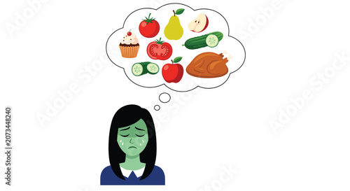 Young girl with a green face looks unwell while dreaming about various healthy and unhealthy food choices.