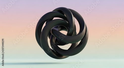Floating Abstract Black Matte Geometric Knot on Soft Pastel Gradient Background 3D Render