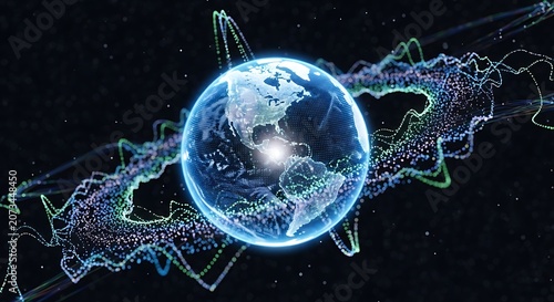 Digital Representation of Earth Surrounded by Glowing Connectivity Networks and Data Waves in Deep Space