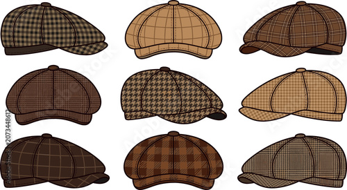 Foto Vintage flat cap and newsboy hats collection featuring various brown plaid tweed and houndstooth patterns vector illustration isolated on white background