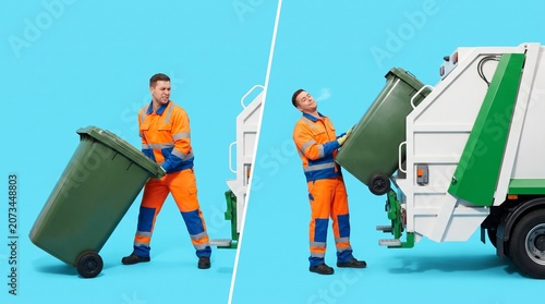 Worker tipping bin into garbage truck on blue background  