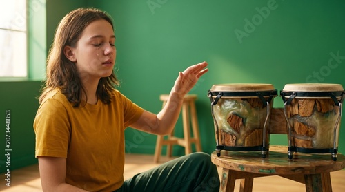 Girl with conga drums in music class concentrating in green room  