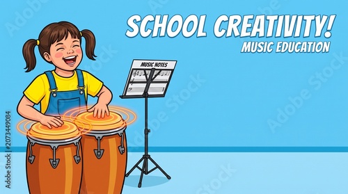 Girl with conga drums in music class smiling in bright classroom  