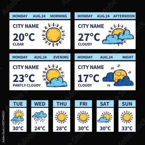 Weather Forecast Widget and Weekly Calendar Template with Hand Drawn Doodle Style Clear Sky Cloudy Rainy and Night Mode UI Design Vector Illustration