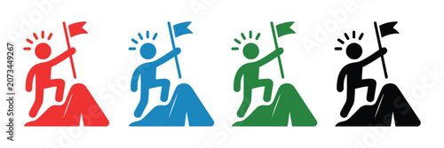 Businessman Success Achievement Icon Featuring Person with Flag on Mountain Peak, Leadership Goal, Motivation and Career Growth Concept