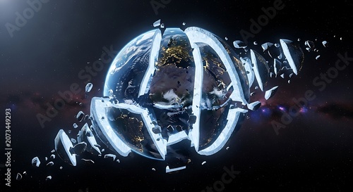 Shattered world fragments like a cosmic crumb floating with glowing light across the dark void of outer space