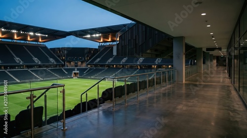 Empty stadium concourse overlooking football pitch at dusk