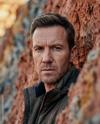 Vertical portrait. Geologist positioned against a cross-section of textured terracotta clay. Masculine cheekbones, straight strong nose bridge, strong square jawline. Direct look at camera with a stea