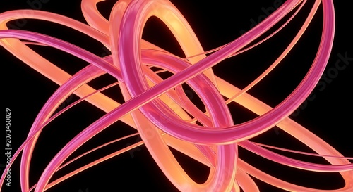 Futuristic Abstract Glowing Pink and Orange 3D Rings in Motion, Whisk Curved Torus Loops on Black Background