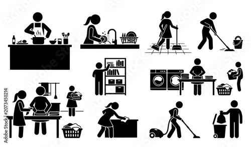 Domestic activity silhouette vector set with cleaning cooking and household organization illustrations isolated on white