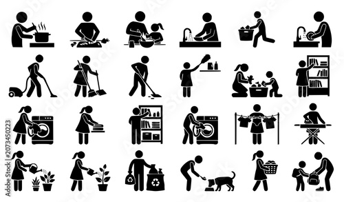 Fotografie Household chores silhouette vector collection with cooking cleaning organizing a