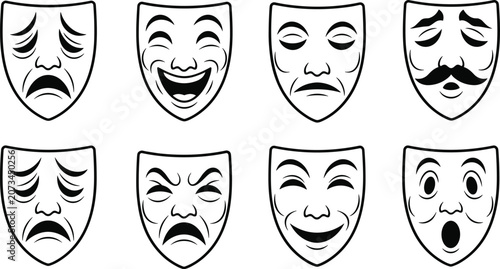 Slika na platnu Theater drama masks vector illustration set with comedy tragedy and varied facial expressions for acting and stage performance concepts