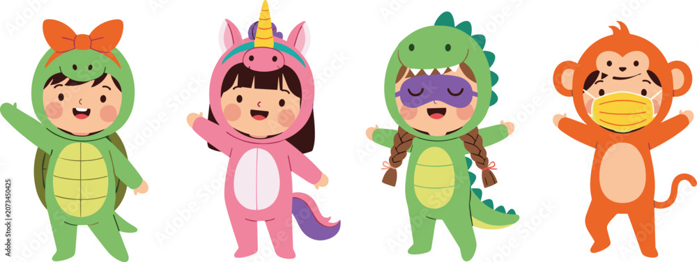 Fototapeta premium Vector illustration of cute cartoon children wearing animal costumes including turtle unicorn dinosaur and monkey isolated on white background.