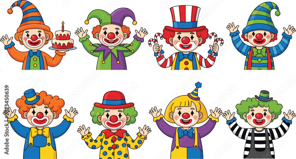Fototapeta premium Cute cartoon clowns vector illustration set with funny characters holding birthday cake and candy canes for kids party.
