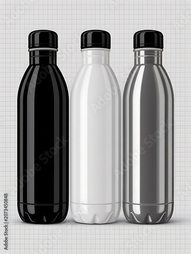 Vector realistic 3d black, white and silver empty glossy metal water bottle with black bung icon set closeup on transparency grid background. Design template of packaging mockup for graphics. Front