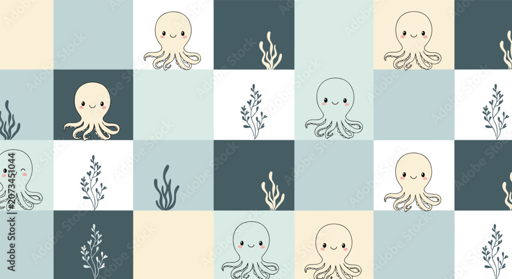 Fototapeta premium Simple and modern pattern with cute octopuses and stylized underwater seaweed arranged on a multi-colored checkered grid background.