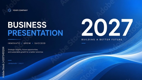 Business Presentation Cover Template 2027 with Blue Abstract Wave Background and Modern Corporate Design