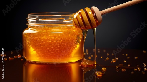 A photo of a jar of raw honey with a honey dipper.