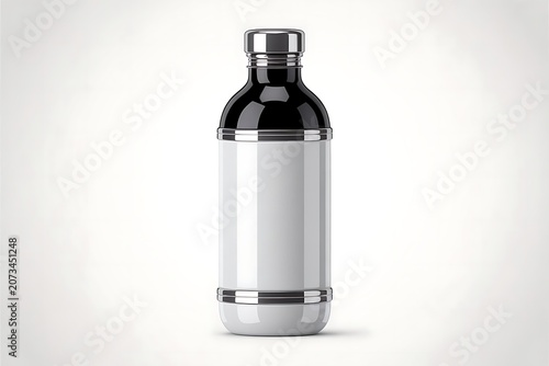 Vector Realistic 3d White, Silver and Black Empty Glossy Metal Reusable Water Bottle with Silver Bung Set Closeup Isolated on White Background. Design template of Packaging Mockup. Front View