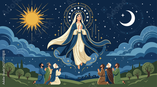 A highly symbolic flat design vector illustration representing the Assumption of Mary, showing the spiritual unity of her soul and body as intertwined forms ascend towards heavenly light. 