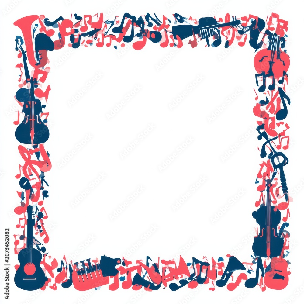 Obraz premium This design features a border made of musical note and instrument icons in coral and navy colors.
