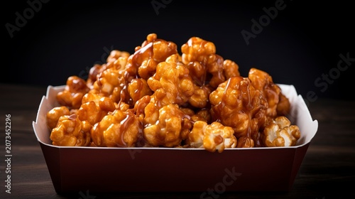 A photo of caramel popcorn in a container.