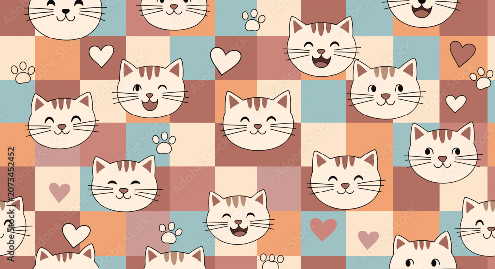 Fototapeta premium Vibrant pattern featuring various smiling cat characters, hearts, and paw prints over a multi-colored checkered background.