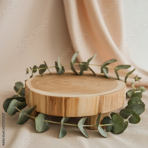 Wood slice podium with eucalyptus leaves on beige background for cosmetic product mockup