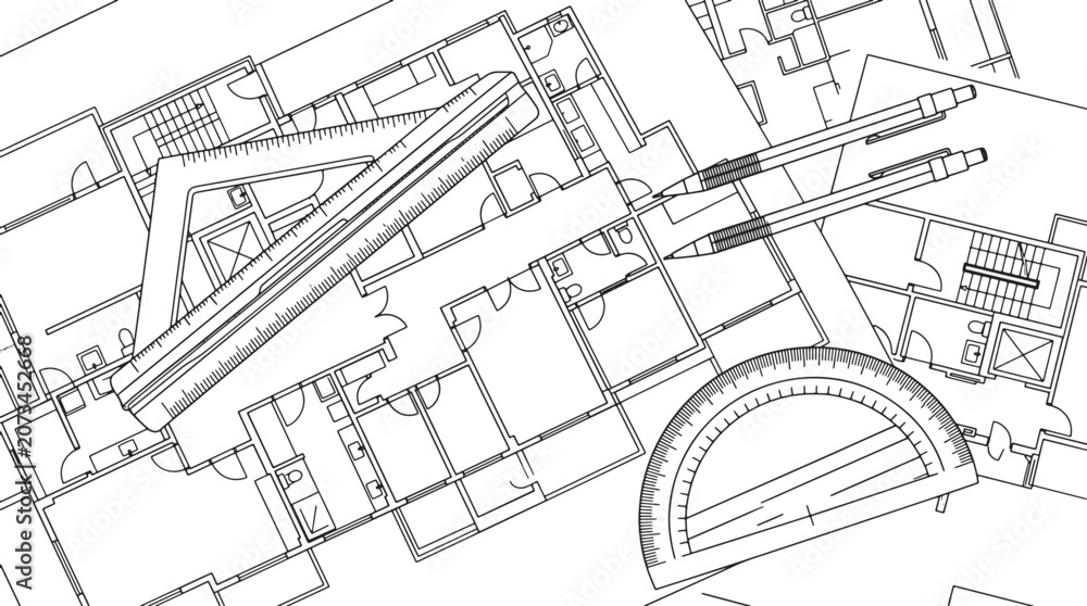 Fototapeta premium Architectural floor plan drawing with drafting tools including a triangle ruler, protractor, and mechanical pencils for design