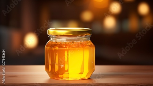 A photo of honey in a jar with a beautiful golden hue.