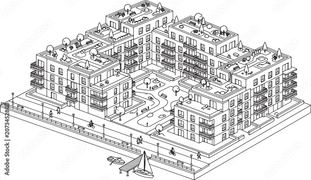Obraz premium Isometric architectural drawing of a modern residential apartment complex with a central courtyard and waterfront boat dock